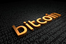 Bitcoin extruded text on dark background with encrypted blockchain code