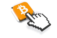 3D mouse pointer on orange Bitcoin B button with chrome bezel isolated on white