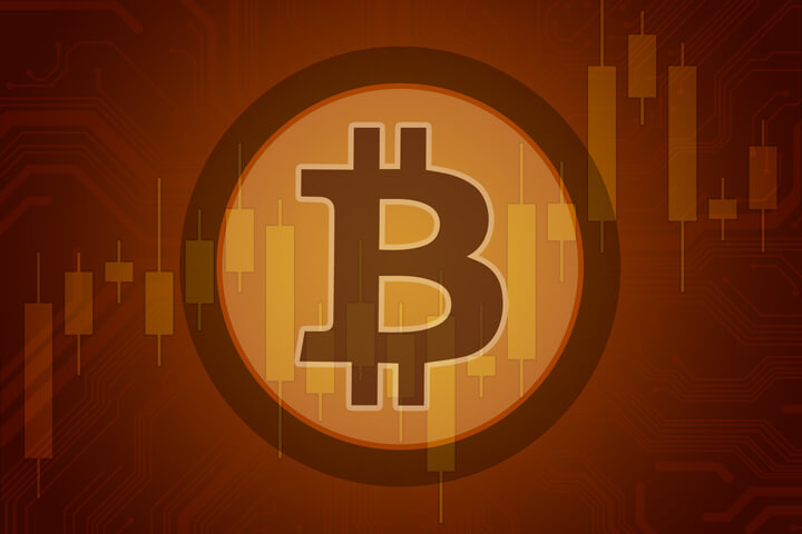 Bitcoin overlaid on stock price candlestick chart with circuit background