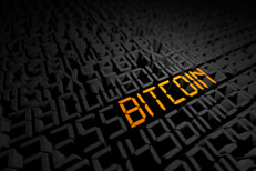 Gold digital Bitcoin text in string of encrypted digital characters