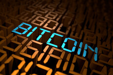 String of encrypted blockchain with blue Bitcoin in digital text