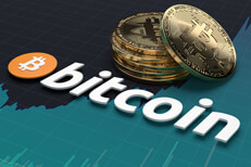 Bitcoin logo on stock price area chart with stack of Bitcoins
