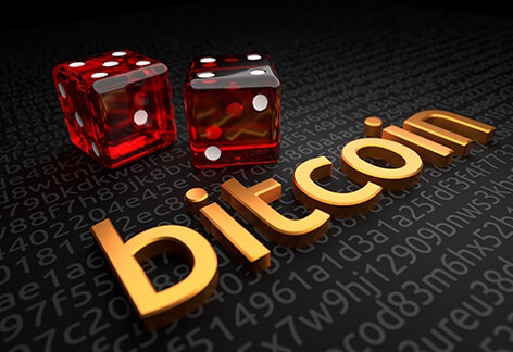 Bitcoin word extruded with two dice symbolizing the risk of Bitcoin investments or cryptocurrency risk
