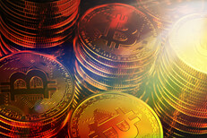 Stacks of bitcoins with hard corner light and colored overlay