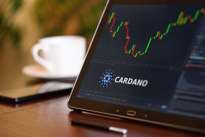 Tablet on desk with coffee cup and cell phone showing Cardano cryptocurrency logo and stock price candlestick chart