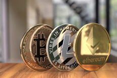 Crypto coins in luxury home Ethereum, Litecoin, and Bitcoin on edge with luxury home decor in background