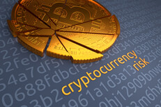 Shattered Bitcoin on blue digital encryption code string with gold cryptocurrency risk deciphered in string