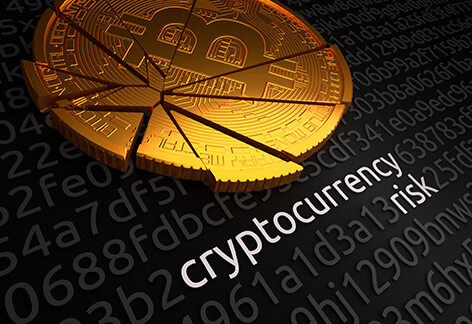 Broken Bitcoin cryptocurrency risk Shattered Bitcoin on digital encryption code string with cryptocurrency risk deciphered in string
