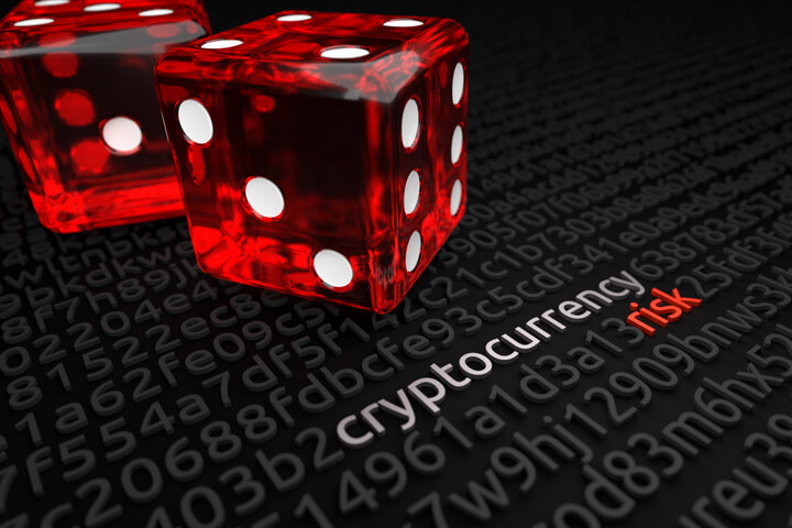 Two large red dice on blockchain or encryption key background with cryptocurrency risk text deciphered in string