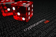 Cryptocurrency risk large dice Two large red dice on blockchain or encryption key background with cryptocurrency risk text deciphered in string