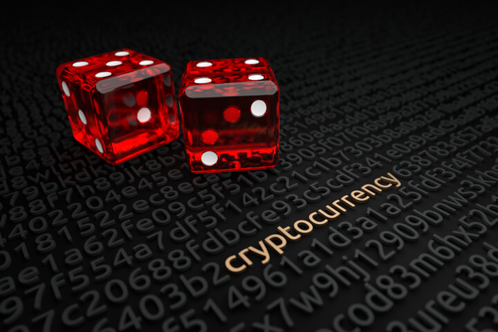 String of encrypted code with word cryptocurrency deciphered and two red dice in background symbolizing cryptocurrency investment risk