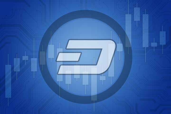 Dash cryptocurrency token overlaid on stock price candlestick chart and subtle circuit background