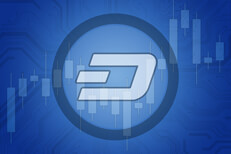 Dash cryptocurrency token overlaid on stock price candlestick chart and subtle circuit background