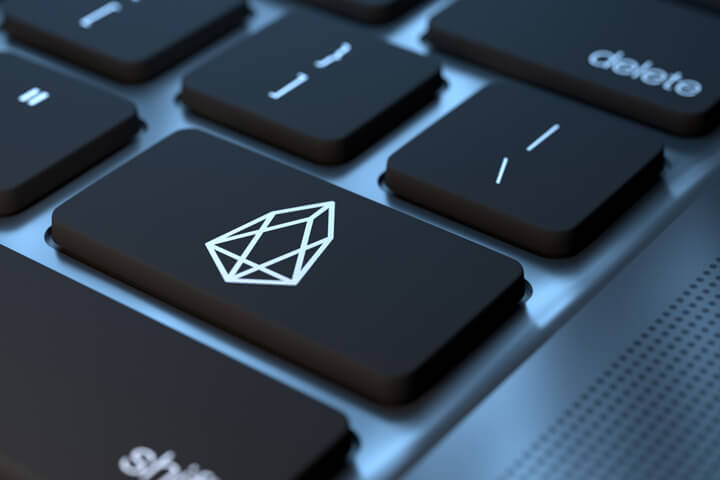 Laptop keyboard with EOS cryptocurrency key