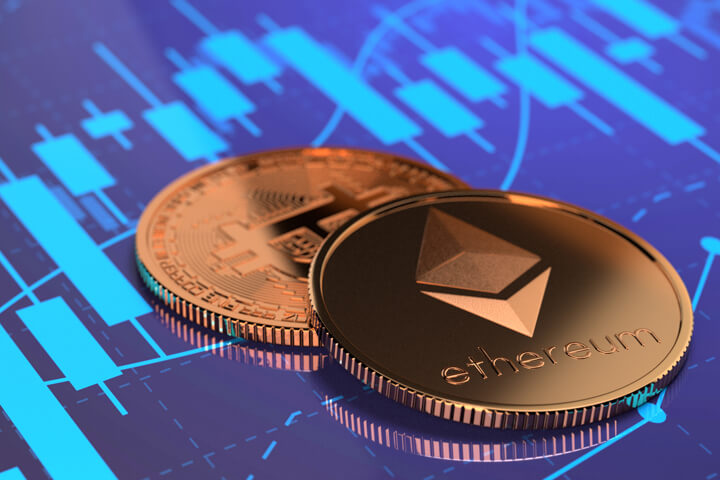Ethereum coin and Bitcoin on stock price candlestick chart