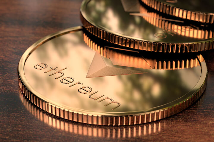 Ethereum coins in a row reflecting nature background