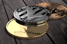 Ethereum, Litecoin, and Bitcoin on weathered wood planks