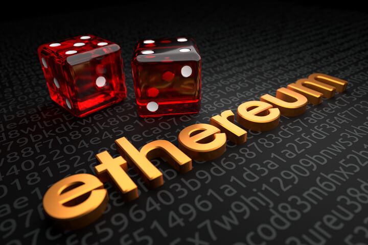 Metallic extruded ethereum text on encrypted code background with two dice representing ethereum investment risk