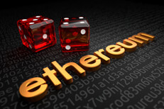 Metallic extruded ethereum text on encrypted code background with two dice representing ethereum investment risk