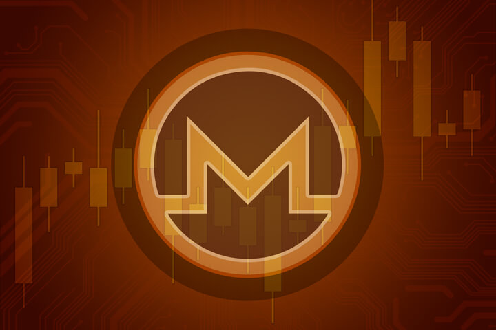 Monero cryptocurrency token overlaid on stock price candlestick chart and subtle circuit background