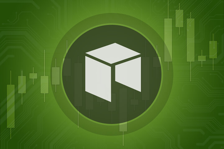 Neo cryptocurrency token overlaid on stock price candlestick chart and subtle circuit background