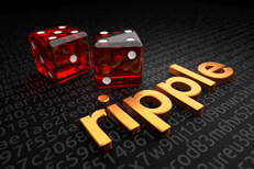 Metallic extruded ripple text on dark background with two red dice representing risk in investing in ripple or cryptocurrencies
