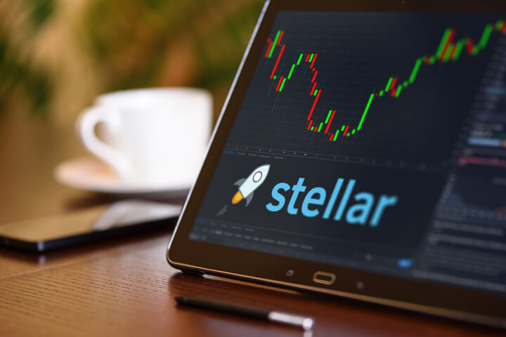 Tablet on desk with coffee cup and cell phone showing Stellar cryptocurrency logo and stock price candlestick chart