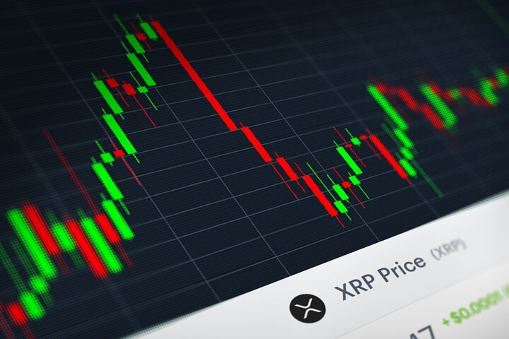 Ripple (XRP) stock price candlestick chart monitor screenshot showing volatility and price increases and declines