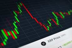 Ripple (XRP) stock price candlestick chart monitor screenshot showing volatility and price increases and declines