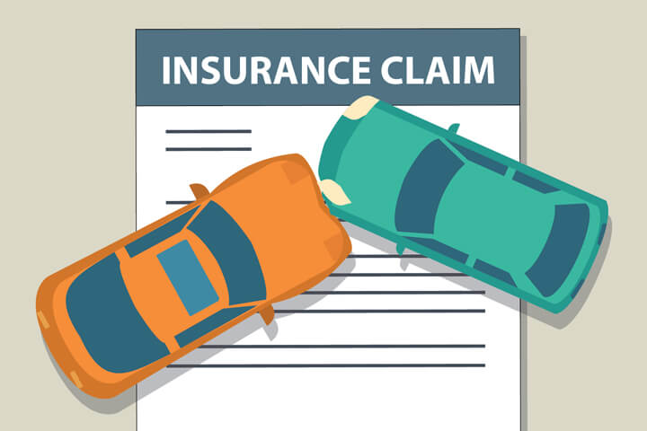 Auto insurance claim form with two cars colliding on top flat concept image
