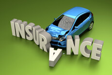 Auto insurance claim concept photo of car crashed into insurance letters with green background
