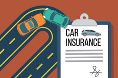 Two car accident on sharp curve with car insurance policy on clipboard in foreground flat concept image
