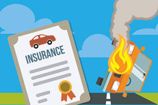 Car overturned on fire next to car insurance policy flat concept image