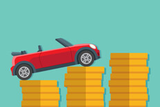 Car climbing coin stacks Small red convertible driving up increase stacks of gold coins flat concept image for increasing price of car insurance