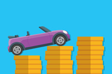 Purple car climbing coin stacks Small purple convertible driving up increase stacks of gold coins flat concept image for increasing price of car insurance with blue background