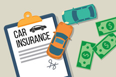Two cars crashed on clipboard holding car insurance policy with cash to the side flat concept for the cost of repairs or deductible