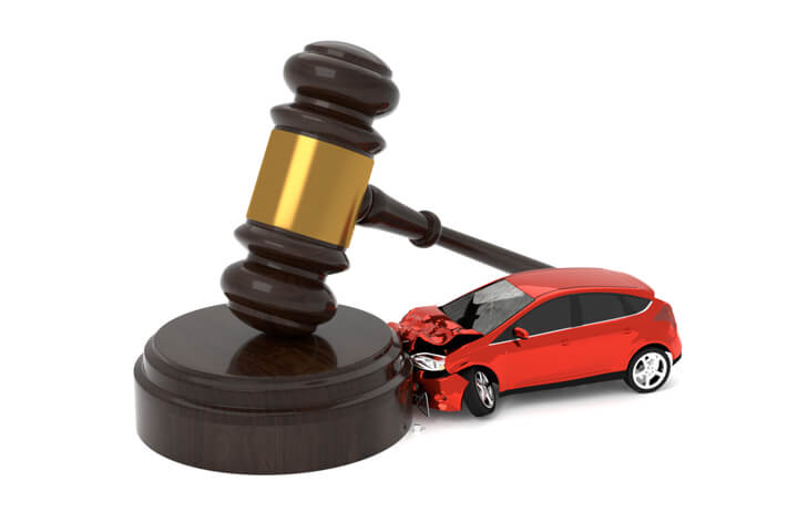 Car crashed into judge gavel concept for car insurance liability isolated on white background