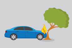 Blue sedan on fire crashed into cracked tree