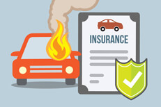 Car insurance policy and shield next to car on fire flat concept for fire peril coverage