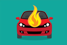 Car on fire insurance concept Red car with large flames coming from hood flat concept for car insurance coverage for fire damage