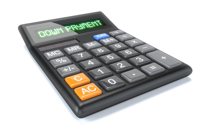 Calculator showing Down Payment text on LCD display isolated on white background