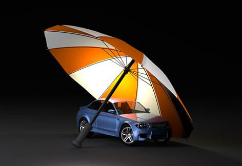 Car insurance protection concept of blue car under orange and white umbrella with dark background