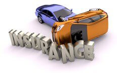 Two vehicle accident with rollover sliding through insurance letters isolated on white background