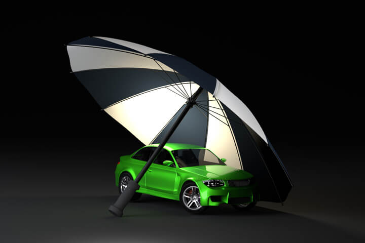 Car insurance protection concept with green car and umbrella on dark background