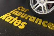 Shiny gold car insurance rates text next to sports car tire and wheel