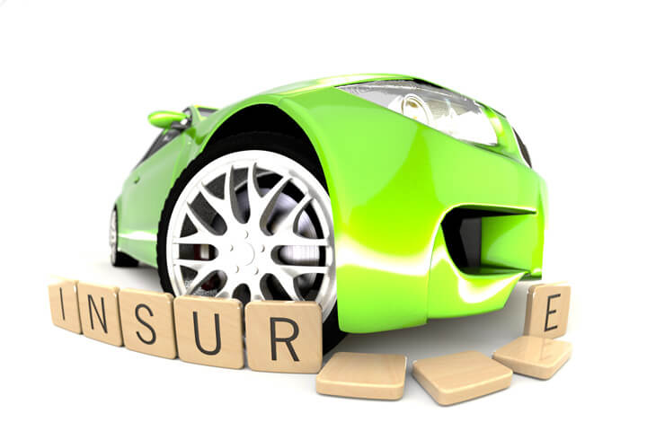 Bright green sports car bumper knocking over wooden insurance letters on white background
