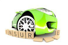 Bright green sports car bumper knocking over wooden insurance letters on white background