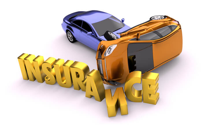 Two car rollover accident isolated on white background sliding through shiny gold insurance letters