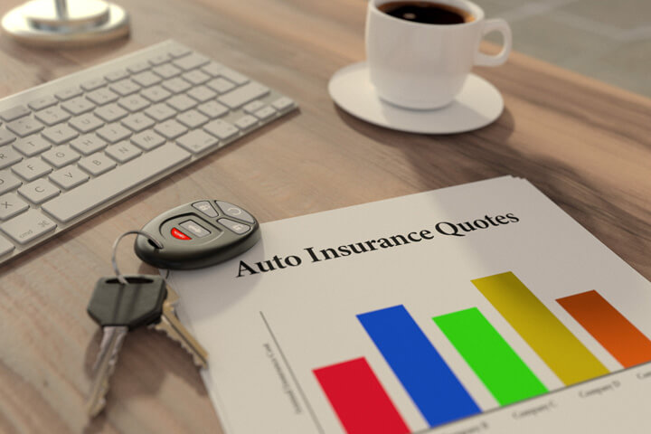 Desktop showing keyboard, coffee, car keys, and auto insurance quotes comparison chart