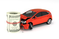 Compact car crashed into roll of money representing concept of the high cost of an accident on insurance rates